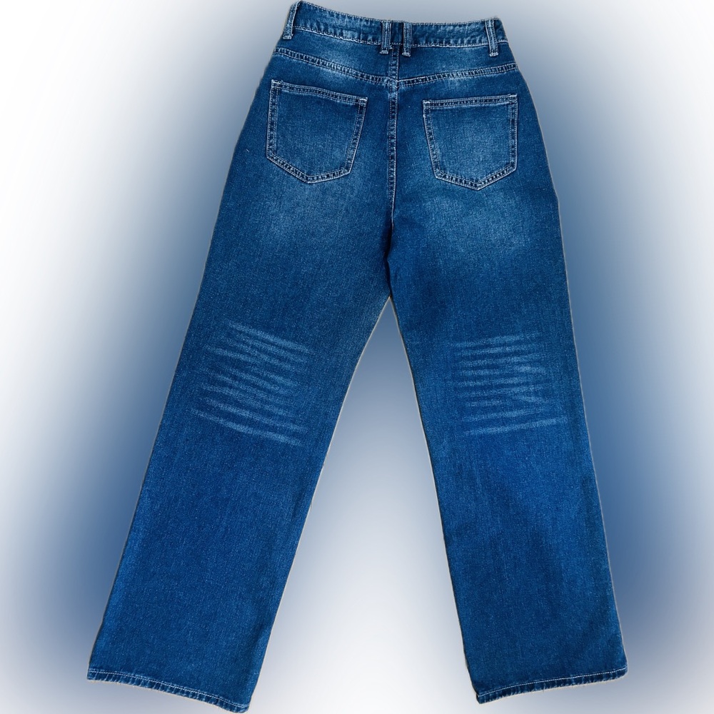 EUC Unbranded SZ S blue distressed 5-pocket wide leg straight jeans/waist 26” - Picture 4 of 5